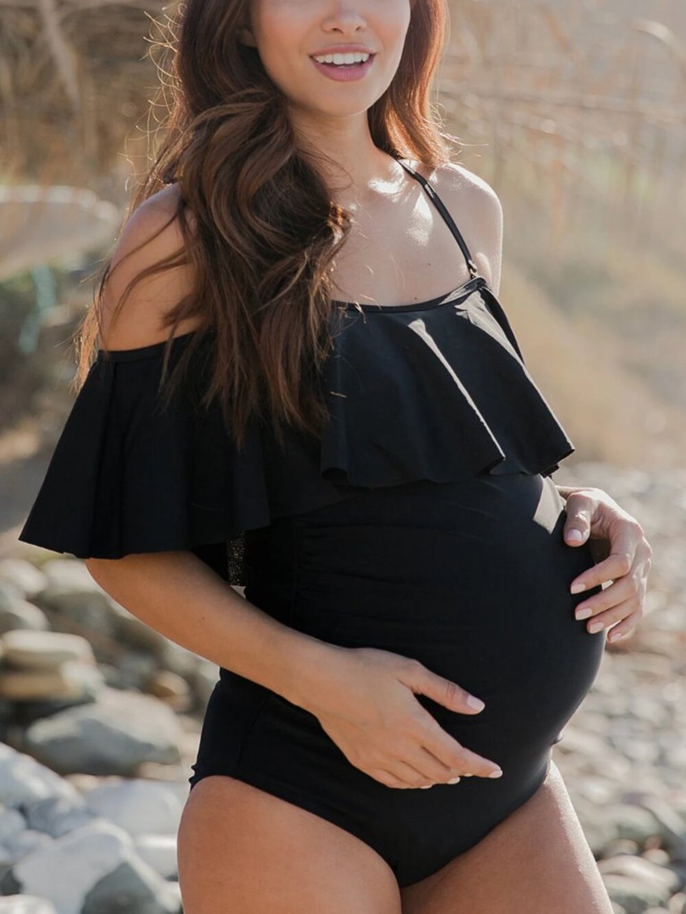 Pinkblush Maternity - Black Ruffle Trim Ruched One-Piece Maternity Swimsuit